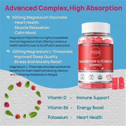 Magnesium Glycinate Gummies for Adults & Kids – 1000mg High Absorption, Sugar Free with Potassium, 90 Counts
