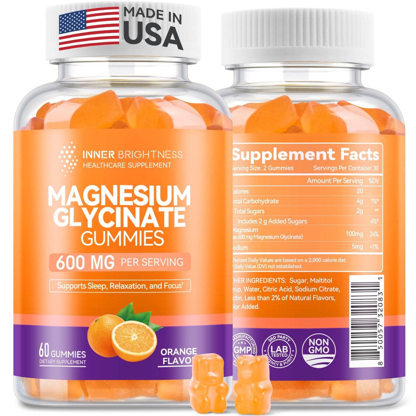 Magnesium Glycinate Gummies 600mg - Non-GMO, Gluten-Free | Orange Flavor, 60 Count