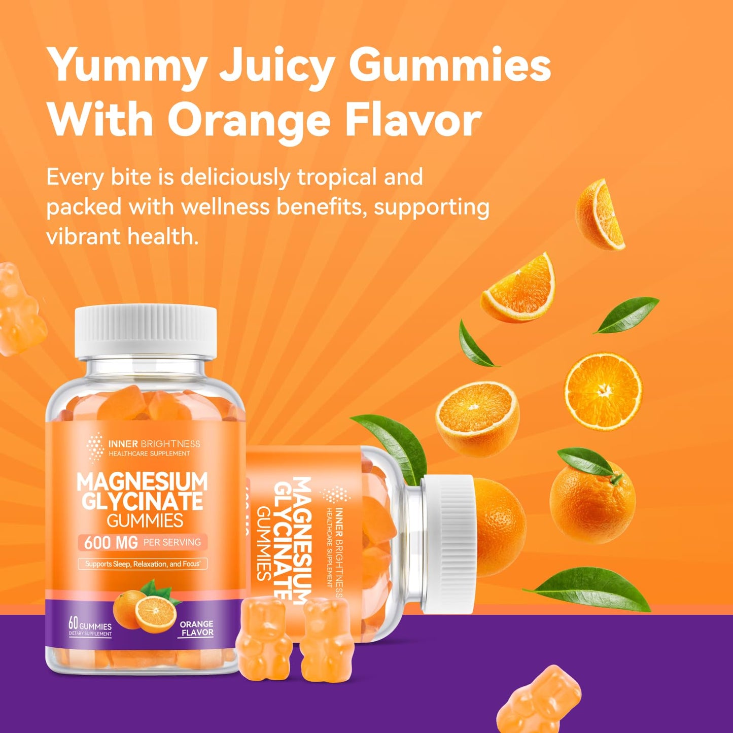 Magnesium Glycinate Gummies 600mg - Non-GMO, Gluten-Free | Orange Flavor, 60 Count