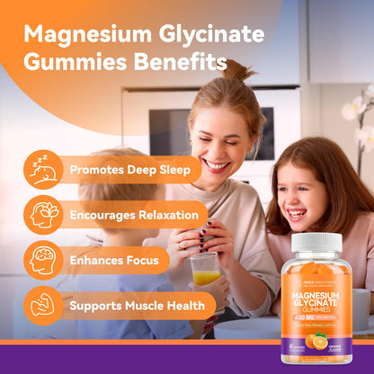 Magnesium Glycinate Gummies 600mg - Non-GMO, Gluten-Free | Orange Flavor, 60 Count