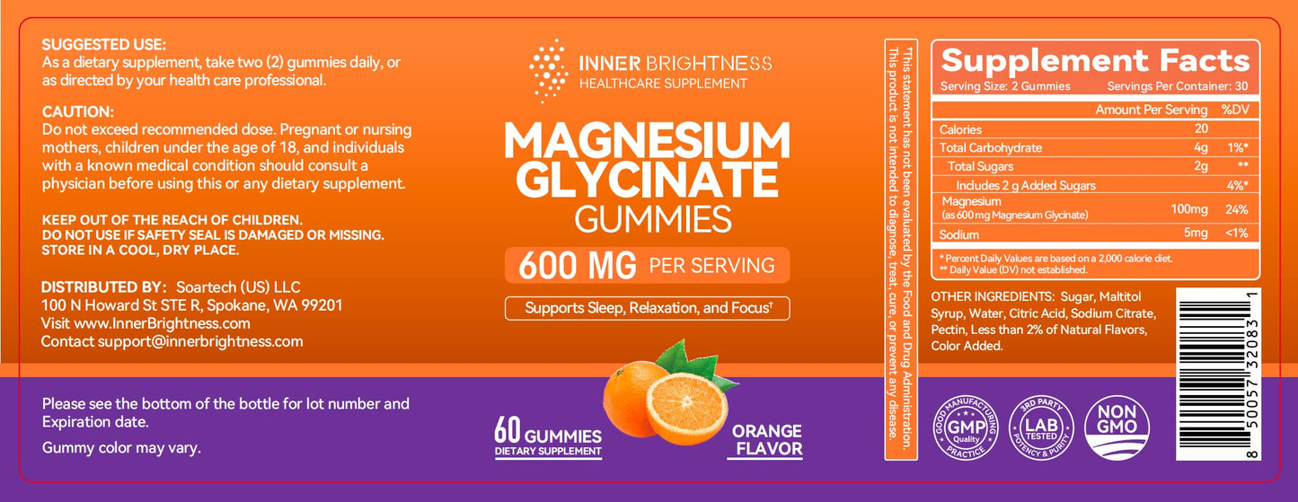 Magnesium Glycinate Gummies 600mg - Non-GMO, Gluten-Free | Orange Flavor, 60 Count