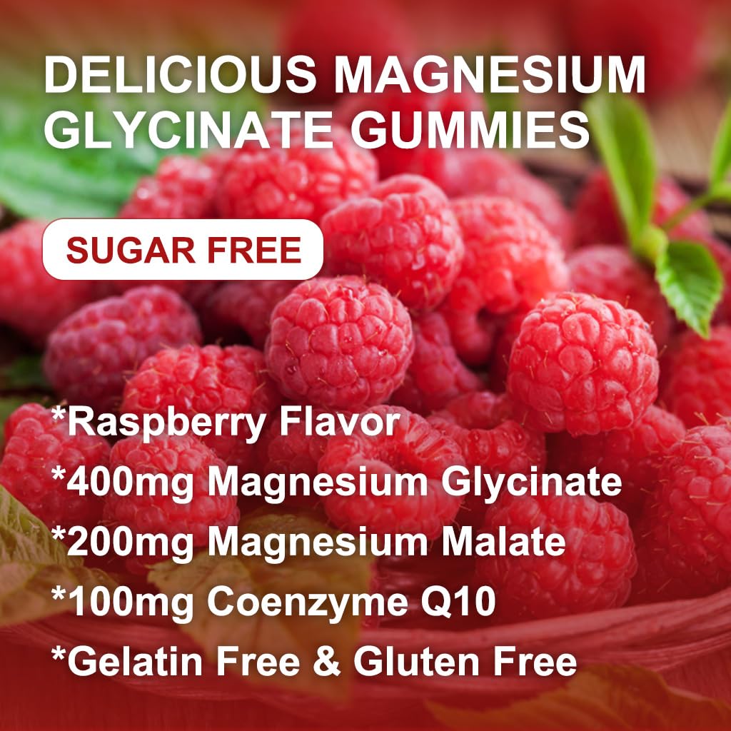 400mg Magnesium Glycinate Gummies with 200mg Magnesium Malate, Vitamin D, B6, and CoQ10 | Sugar Free Raspberry - 60 Gummies