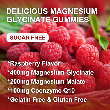 400mg Magnesium Glycinate Gummies with 200mg Magnesium Malate, Vitamin D, B6, and CoQ10 | Sugar Free Raspberry - 60 Gummies