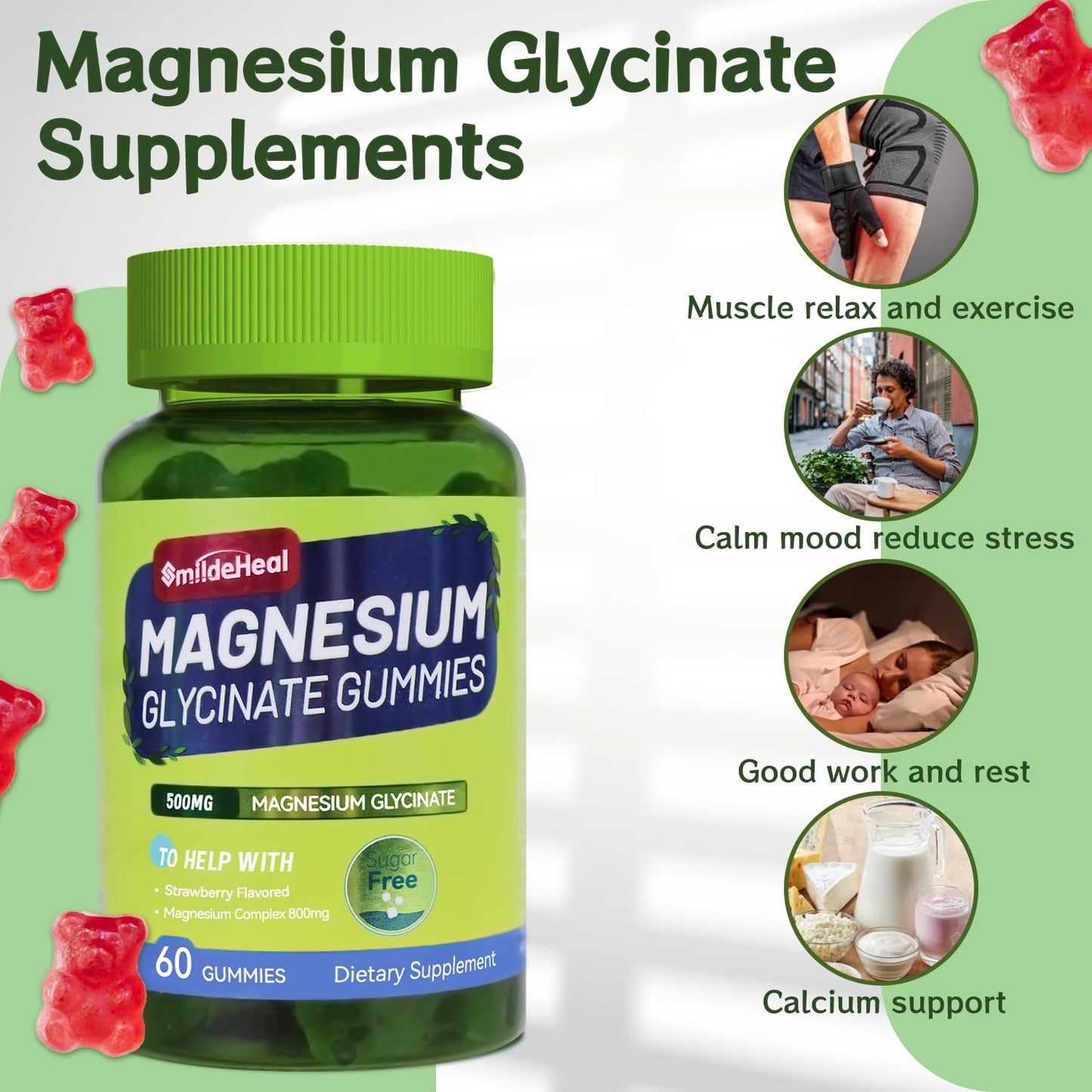 Magnesium Glycinate Gummies 500mg + L-Threonate 300mg – Sugar-Free Magnesium Potassium with Vitamin D, B6, CoQ10 | Strawberry 60 Gummies