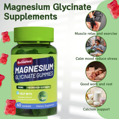 Magnesium Glycinate Gummies 500mg + L-Threonate 300mg – Sugar-Free Magnesium Potassium with Vitamin D, B6, CoQ10 | Strawberry 60 Gummies