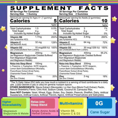 Magnesium Glycinate Gummies for Adults & Kids 4+ | Sugar Free, 400/200mg, B6 & D3, 5-HTP, L-Theanine