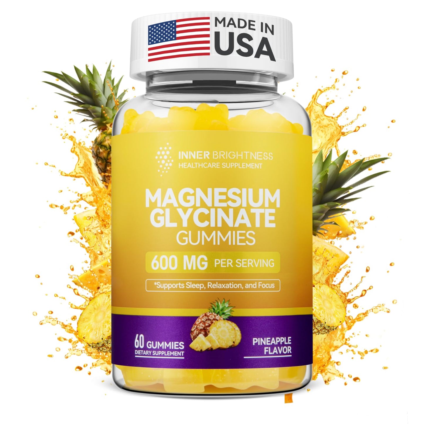 Magnesium Glycinate Gummies 600mg – Non-GMO, Gluten-Free, Pineapple Flavor | 60 Count