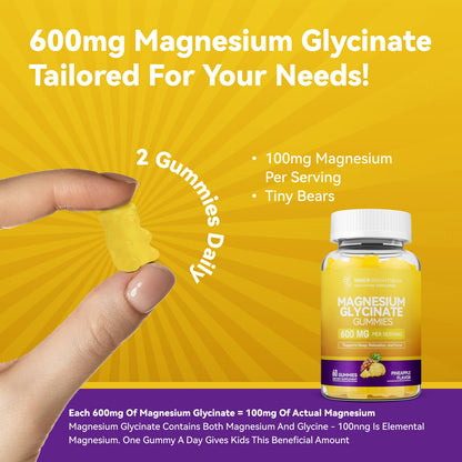 Magnesium Glycinate Gummies 600mg – Non-GMO, Gluten-Free, Pineapple Flavor | 60 Count