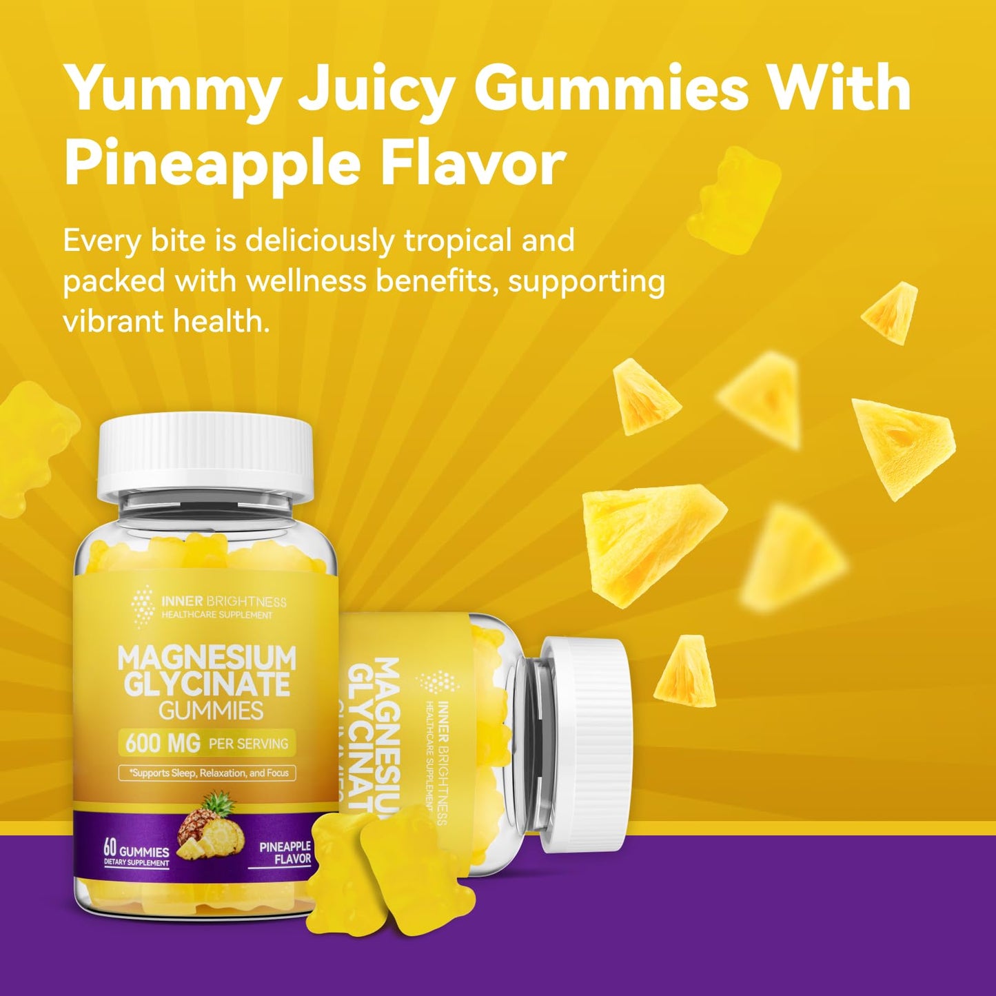 Magnesium Glycinate Gummies 600mg – Non-GMO, Gluten-Free, Pineapple Flavor | 60 Count