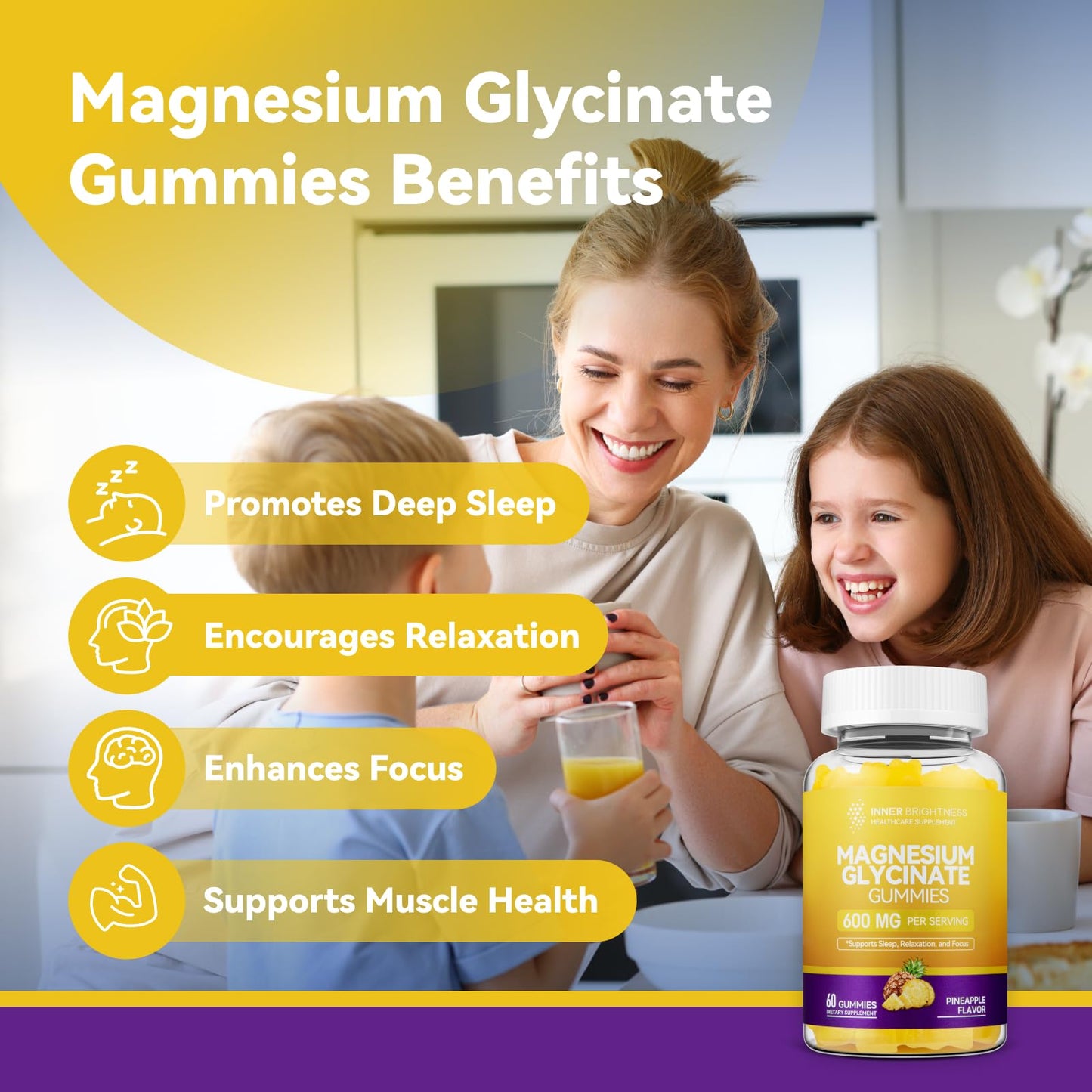 Magnesium Glycinate Gummies 600mg – Non-GMO, Gluten-Free, Pineapple Flavor | 60 Count