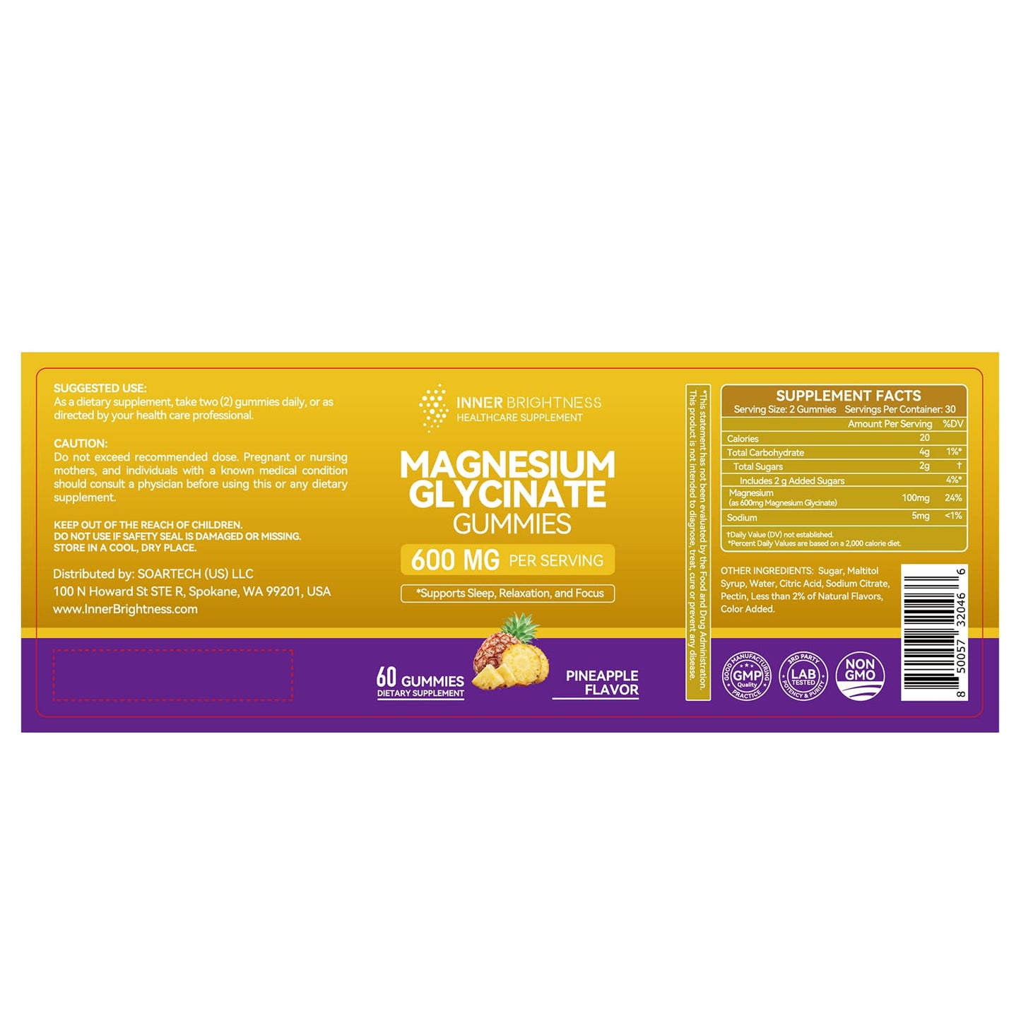 Magnesium Glycinate Gummies 600mg – Non-GMO, Gluten-Free, Pineapple Flavor | 60 Count