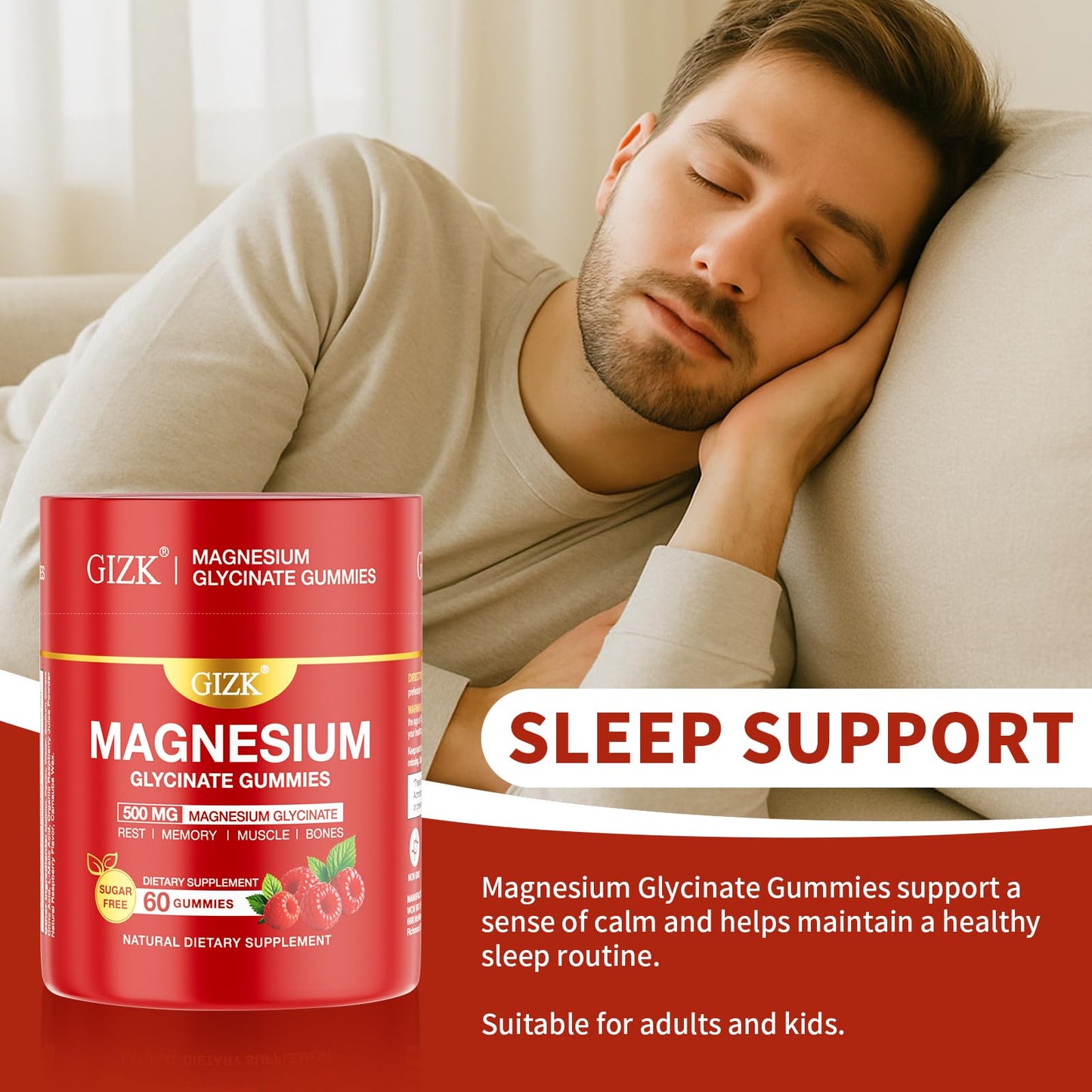 Magnesium Glycinate Gummies 500mg – Sugar Free Raspberry | 60 Count – Vegan, No Melatonin