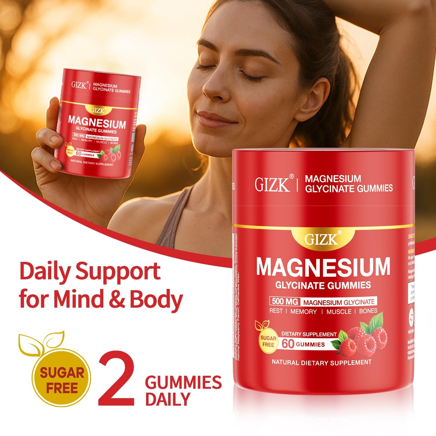 Magnesium Glycinate Gummies 500mg – Sugar Free Raspberry | 60 Count – Vegan, No Melatonin