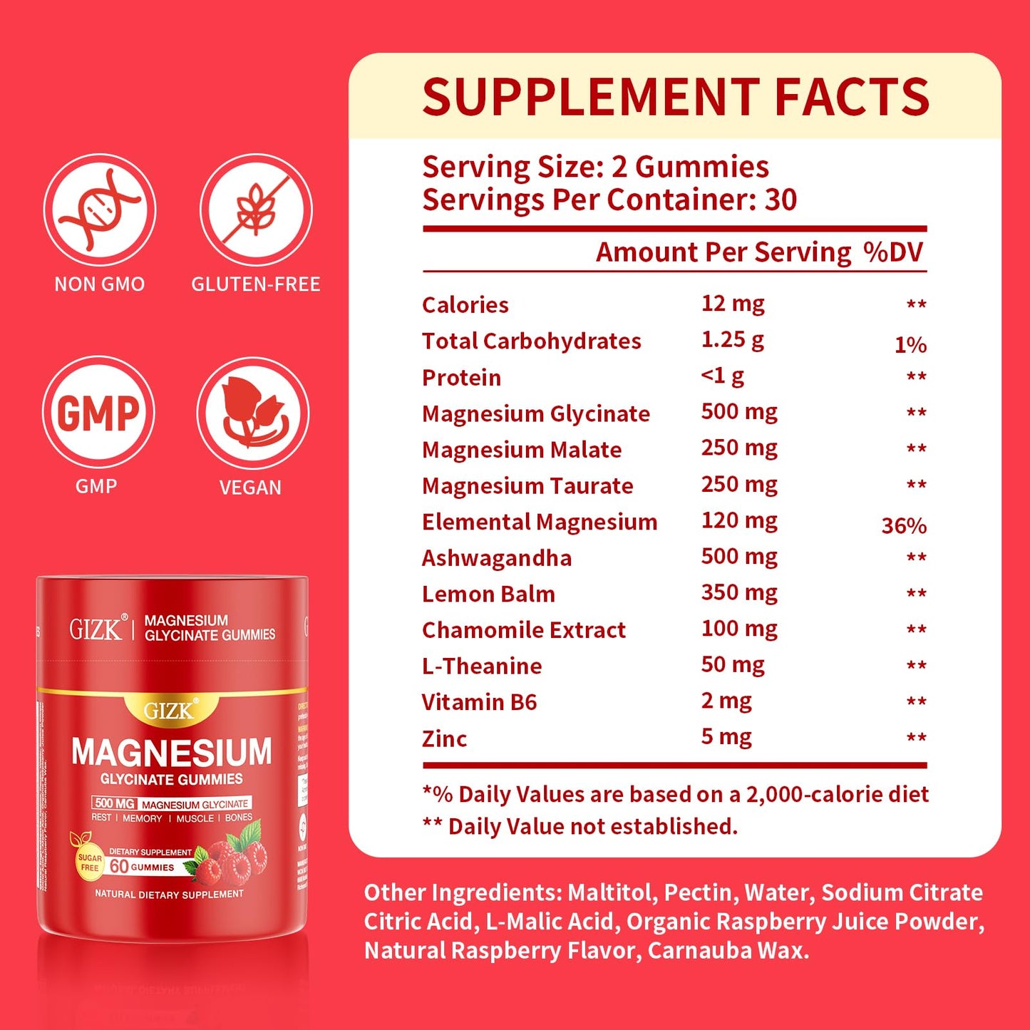 Magnesium Glycinate Gummies 500mg – Sugar Free Raspberry | 60 Count – Vegan, No Melatonin