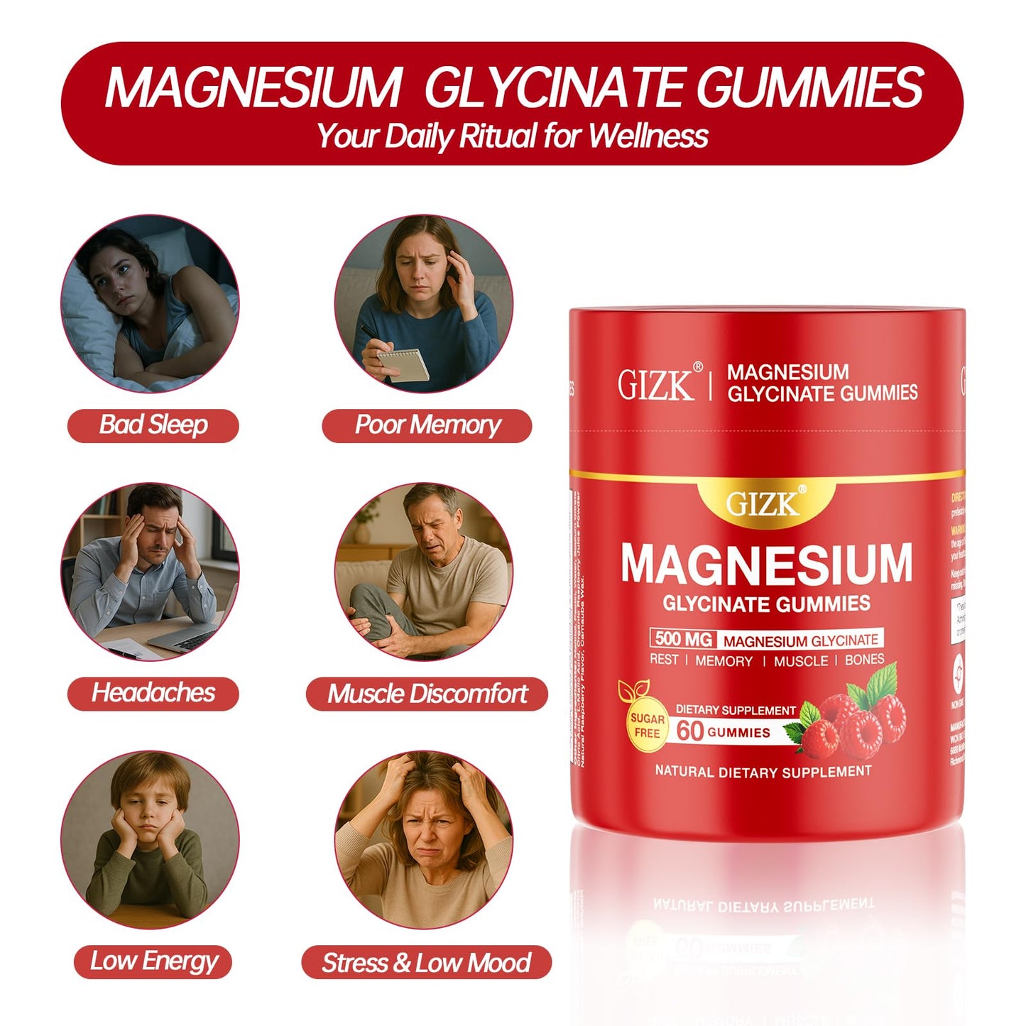 Magnesium Glycinate Gummies 500mg – Sugar Free Raspberry | 60 Count – Vegan, No Melatonin