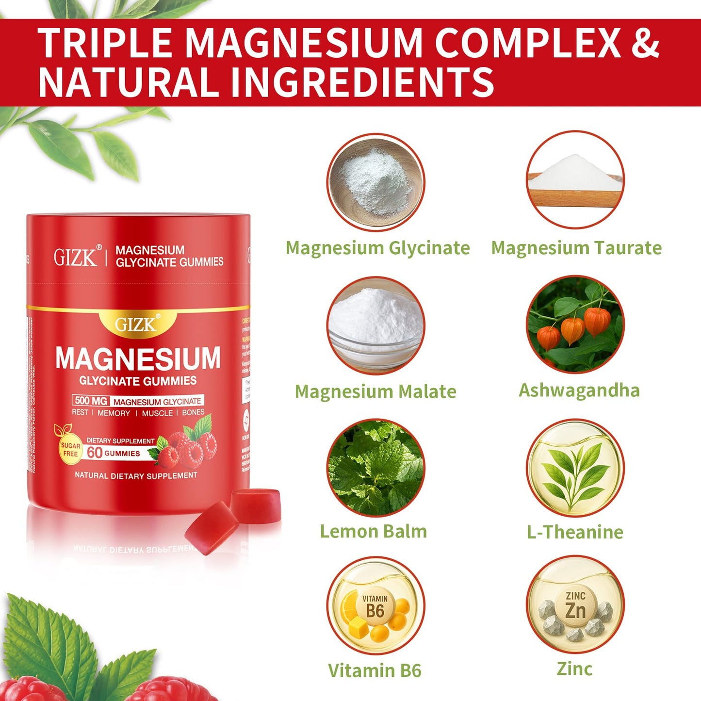 Magnesium Glycinate Gummies 500mg – Sugar Free Raspberry | 60 Count – Vegan, No Melatonin