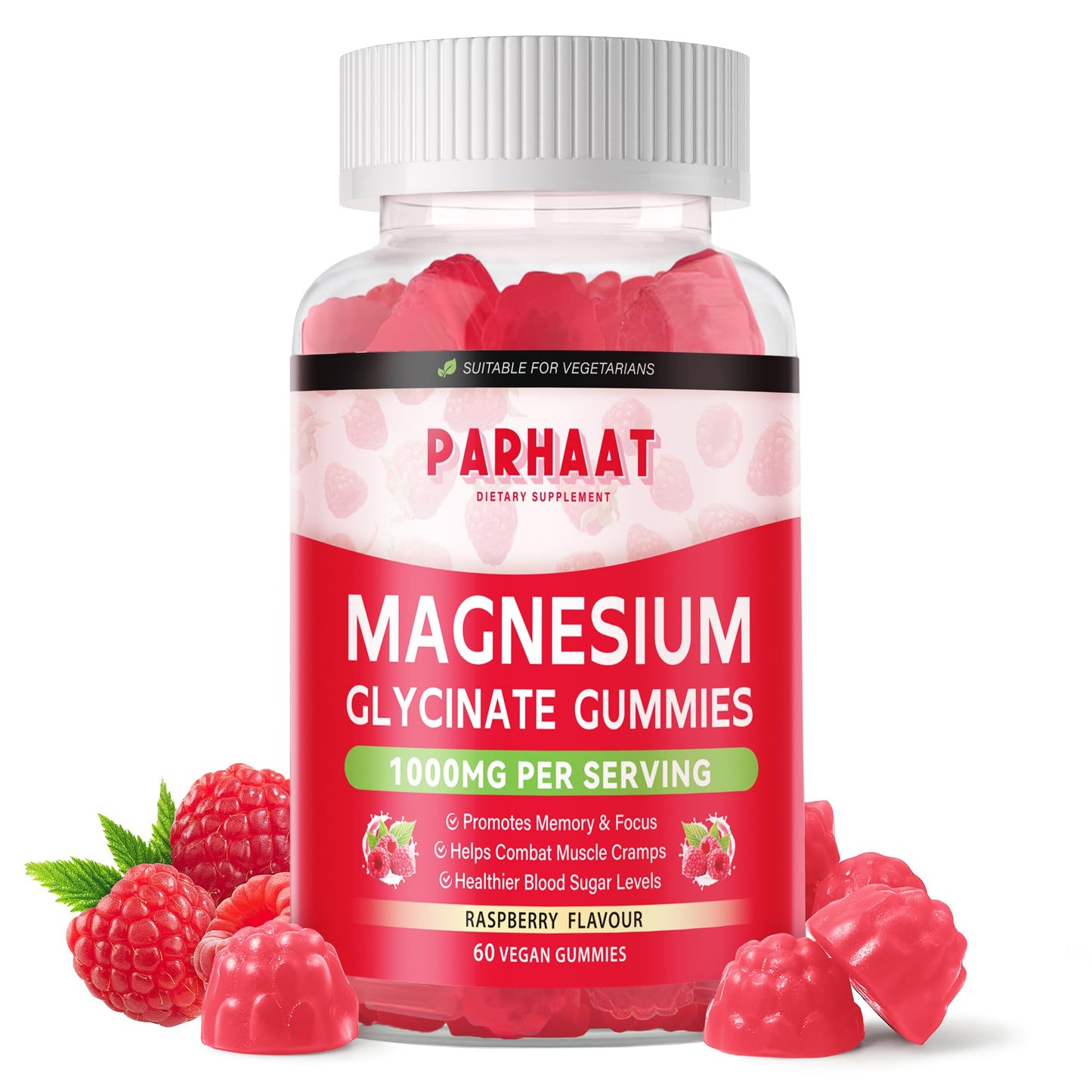 Magnesium Glycinate Gummies Raspberry - Sugar Free Magnesium Potassium Supplement with Vitamin D, B6, CoQ10 | 60 Chews