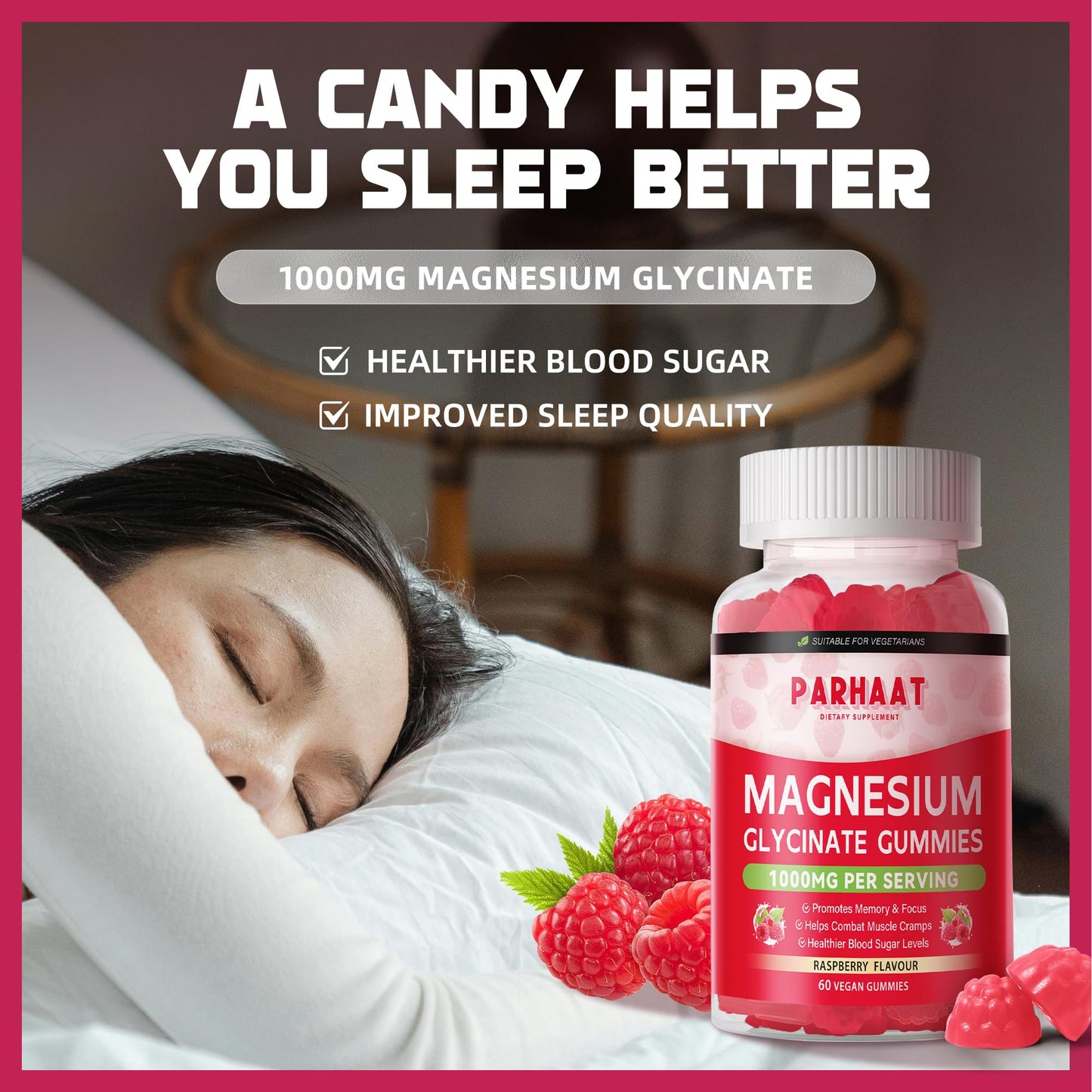 Magnesium Glycinate Gummies Raspberry - Sugar Free Magnesium Potassium Supplement with Vitamin D, B6, CoQ10 | 60 Chews