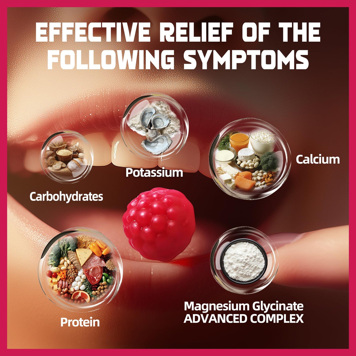 Magnesium Glycinate Gummies Raspberry - Sugar Free Magnesium Potassium Supplement with Vitamin D, B6, CoQ10 | 60 Chews
