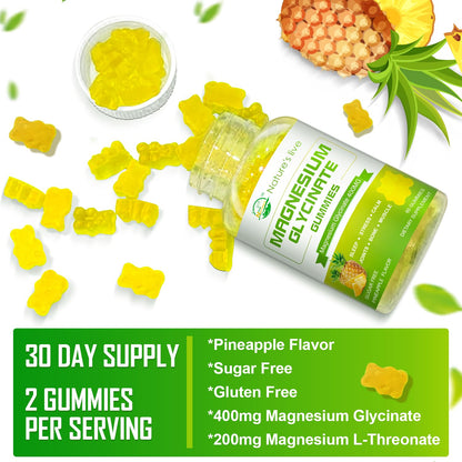 Magnesium Glycinate Gummies – Sugar-Free Magnesium Supplement with 400mg Glycinate + 200mg L-Threonate | 120 Pineapple Gummies