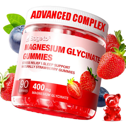 Magnesium Glycinate Gummies Sugar Free 90 Count | 400mg Mg + 200mg L-Threonate, Ashwagandha, Vitamin D, B6, B12 | Sleep & Stress Support | Strawberry