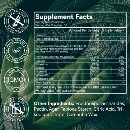 Magnesium Glycinate Gummies 500mg + L-Threonate 300mg – Sugar-Free Magnesium Potassium with Vitamin D, B6, CoQ10 | Strawberry 60 Gummies