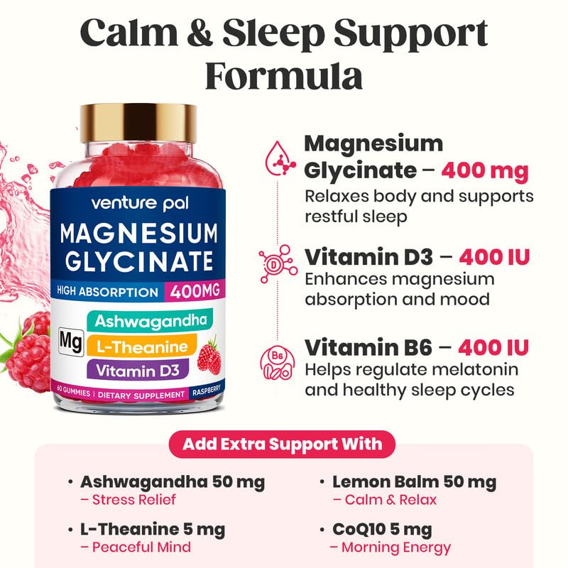 60 Day Supply Magnesium Glycinate Gummies 400mg with Ashwagandha, L-Theanine, CoQ10, Vitamin D3 & B6 – Sugar Free, Vegan & Gluten Free
