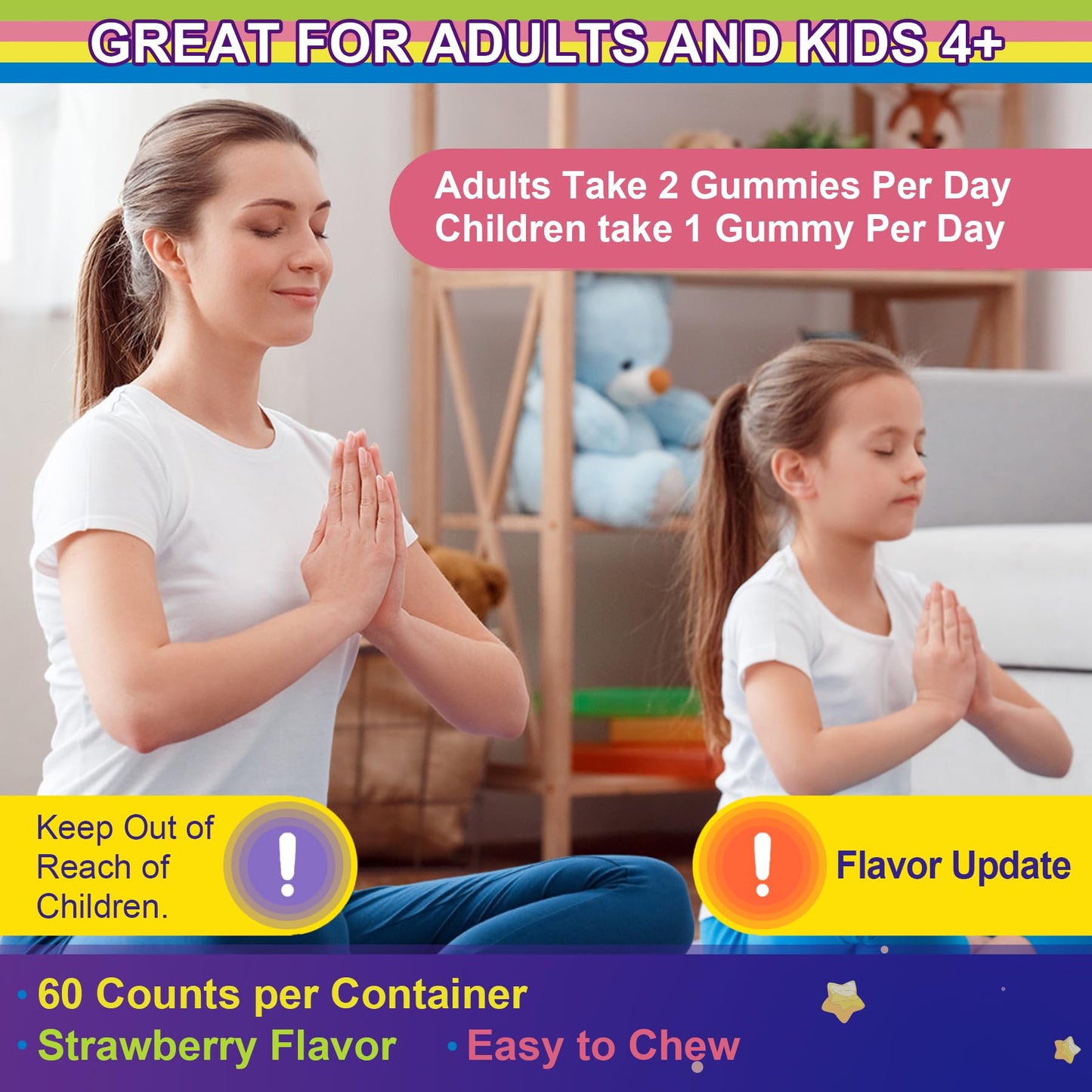 Magnesium Glycinate Gummies for Adults & Kids 4+ | Sugar Free, 400/200mg, B6 & D3, 5-HTP, L-Theanine