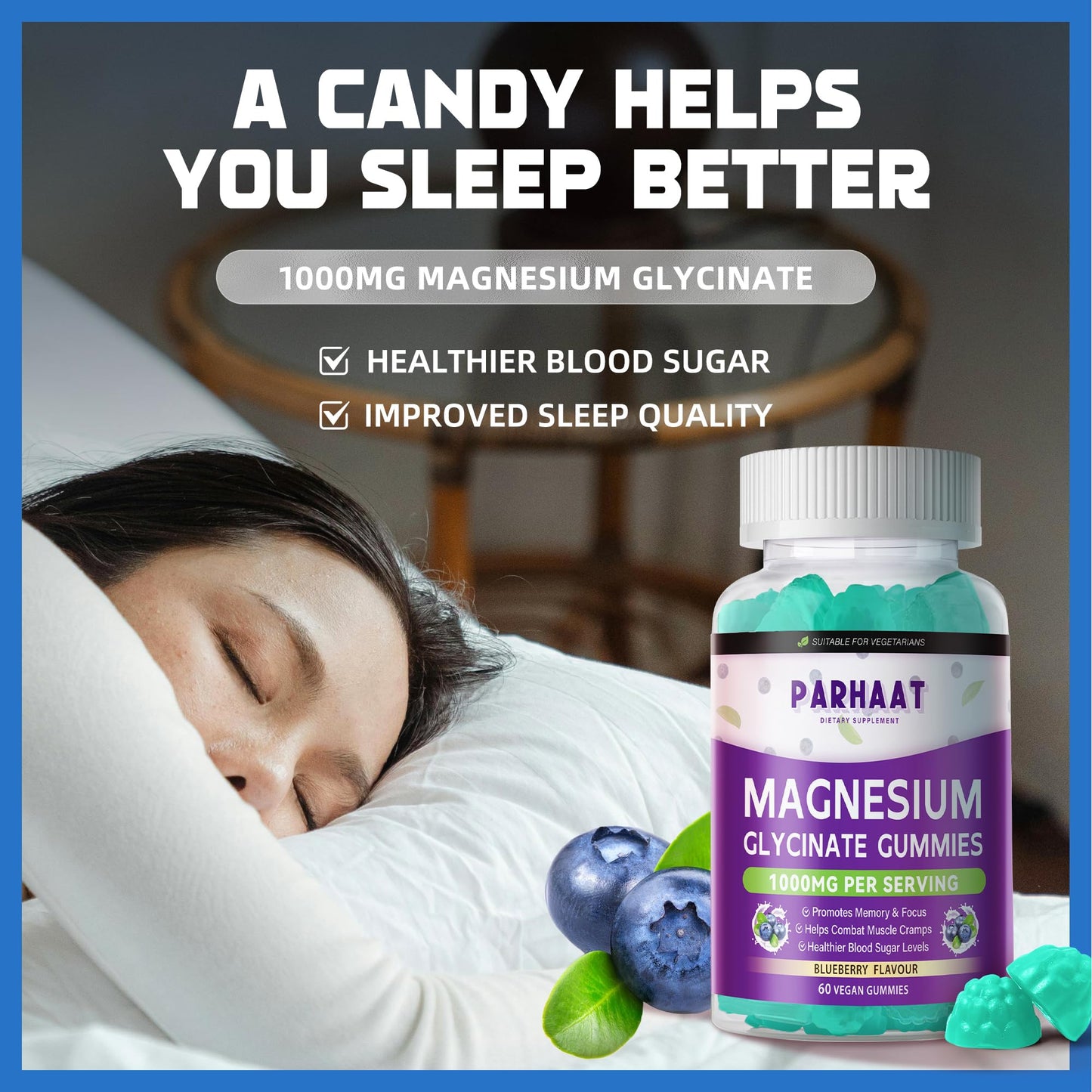 Magnesium Glycinate Gummies – Sugar Free Blueberry with Vitamin D, B6, CoQ10 | 120 Chews