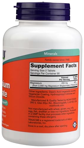 NOW Foods Magnesium Glycinate 100 mg — Highly Absorbable, 180 Tablets