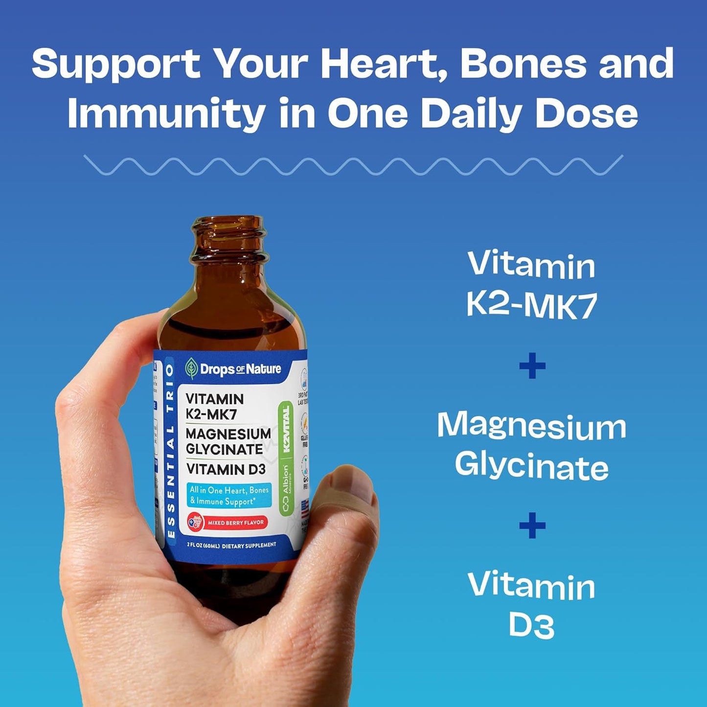 Magnesium Glycinate + K2 & D3 Liquid - GMO-Free (Mixed Berry) 60 mL