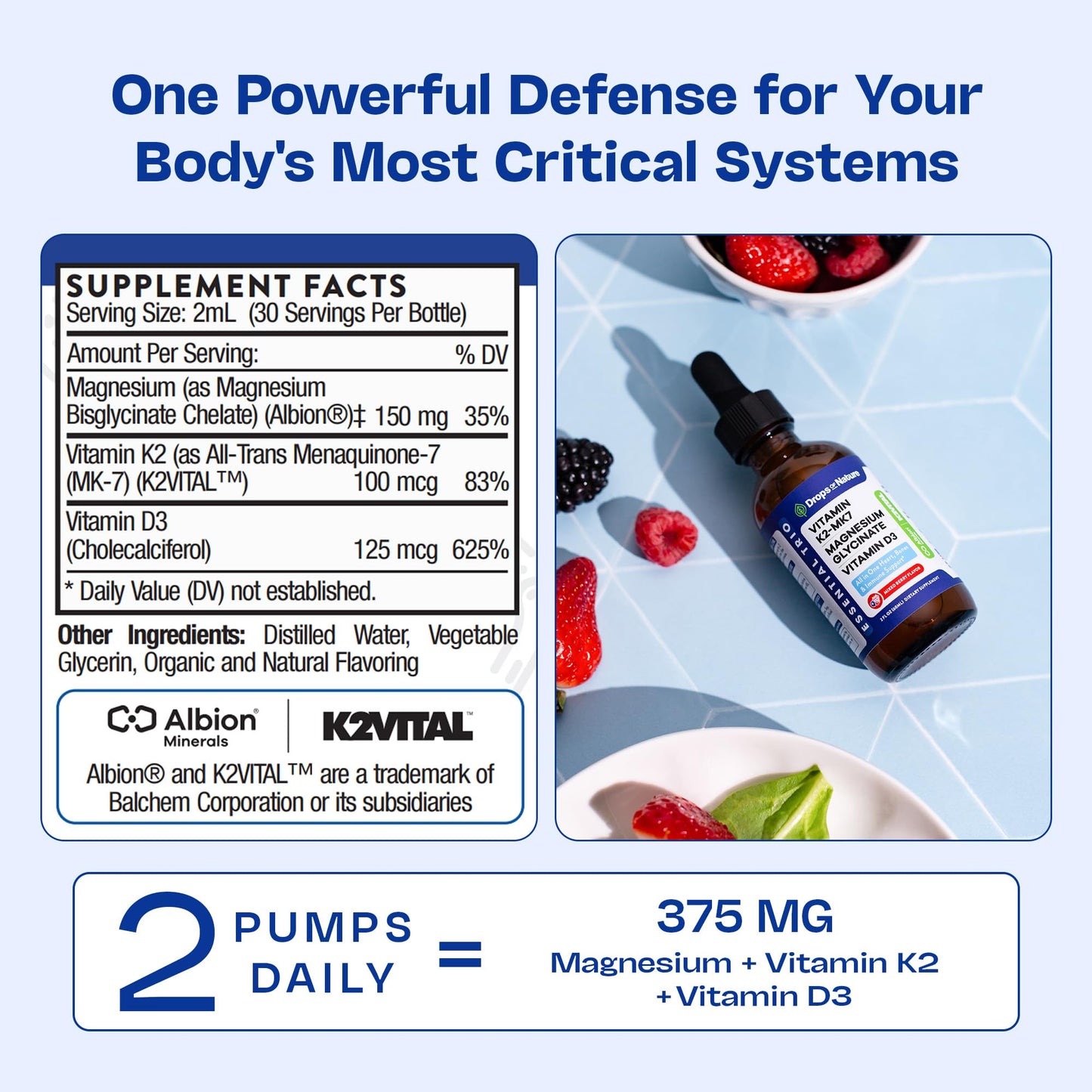 Magnesium Glycinate + K2 & D3 Liquid - GMO-Free (Mixed Berry) 60 mL