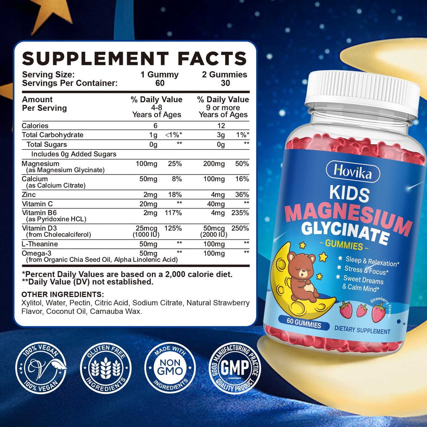 Magnesium Glycinate Gummies for Kids – Sleep, Calm & Focus | L-Theanine, Omega-3, Vitamin D3, Zinc | Sugar Free Strawberry 60ct