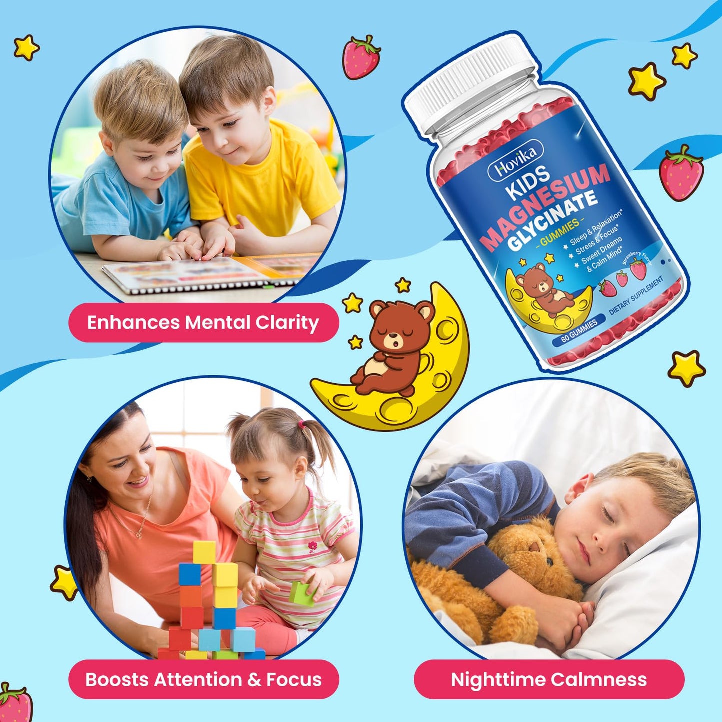 Magnesium Glycinate Gummies for Kids – Sleep, Calm & Focus | L-Theanine, Omega-3, Vitamin D3, Zinc | Sugar Free Strawberry 60ct