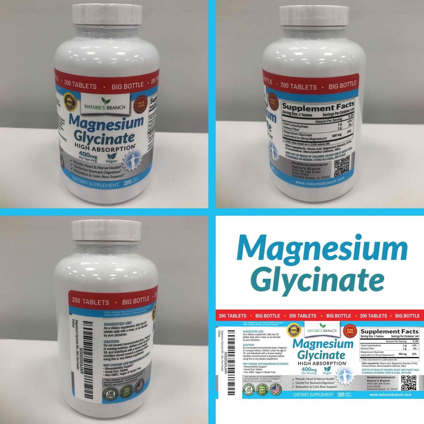 Magnesium Glycinate 400 mg | 200 Tablets - High Absorption Non-Buffered Bisglycinate for Sleep, Leg Cramps, Heart & Muscle Support