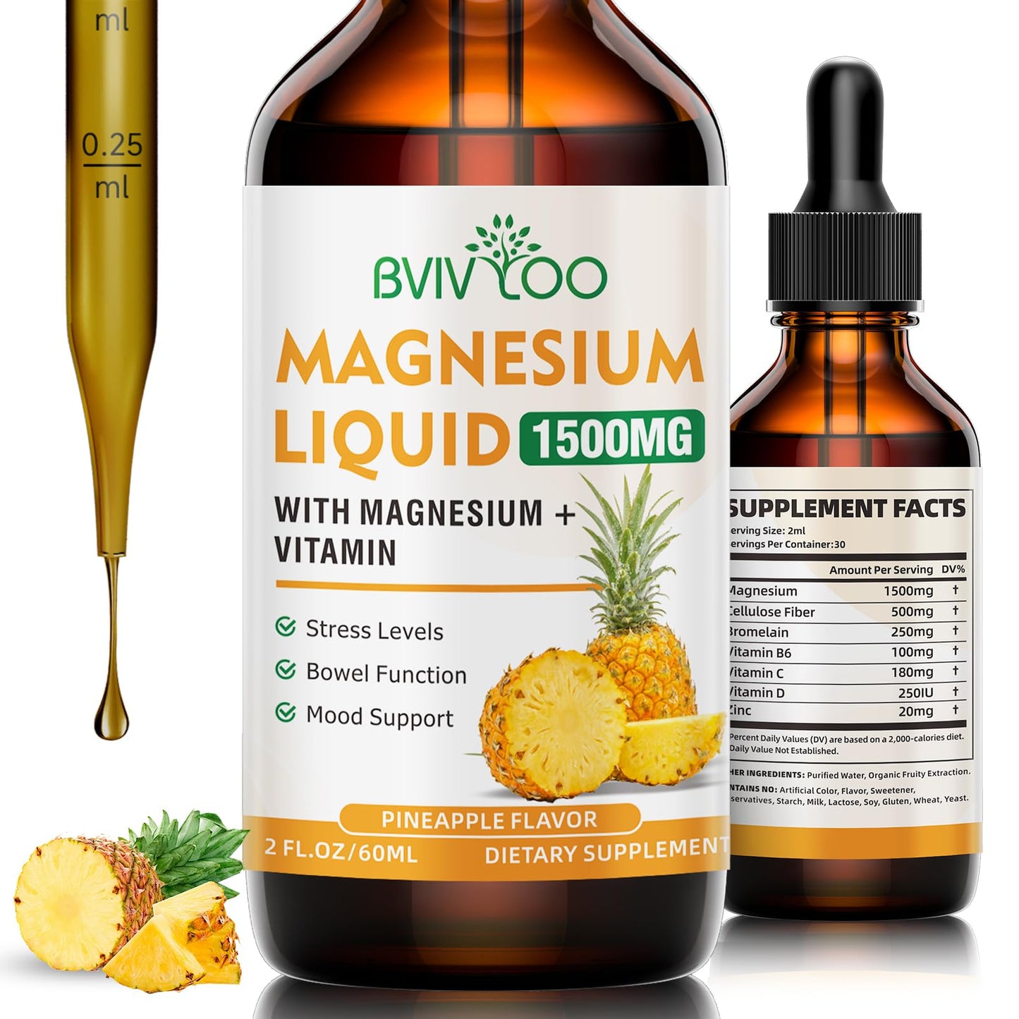 Magnesium Glycinate Liquid Drops – High Absorption, Pineapple Flavor, 2 oz