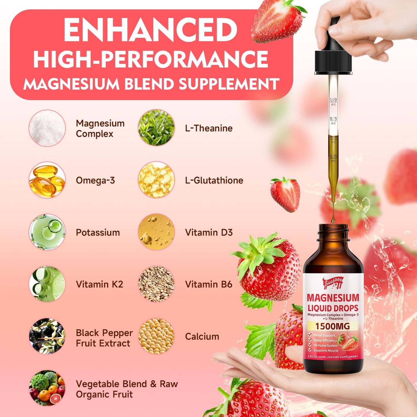 2 Pack Magnesium Glycinate Liquid Drops 1500mg – Strawberry Flavor, B6/D3, L-Theanine, Omega-3 | 4 Oz
