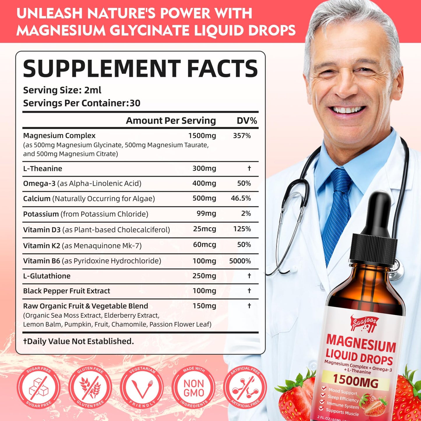 2 Pack Magnesium Glycinate Liquid Drops 1500mg – Strawberry Flavor, B6/D3, L-Theanine, Omega-3 | 4 Oz