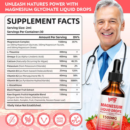 2 Pack Magnesium Glycinate Liquid Drops 1500mg – Strawberry Flavor, B6/D3, L-Theanine, Omega-3 | 4 Oz