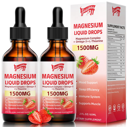 2 Pack Magnesium Glycinate Liquid Drops 1500mg – Strawberry Flavor, B6/D3, L-Theanine, Omega-3 | 4 Oz