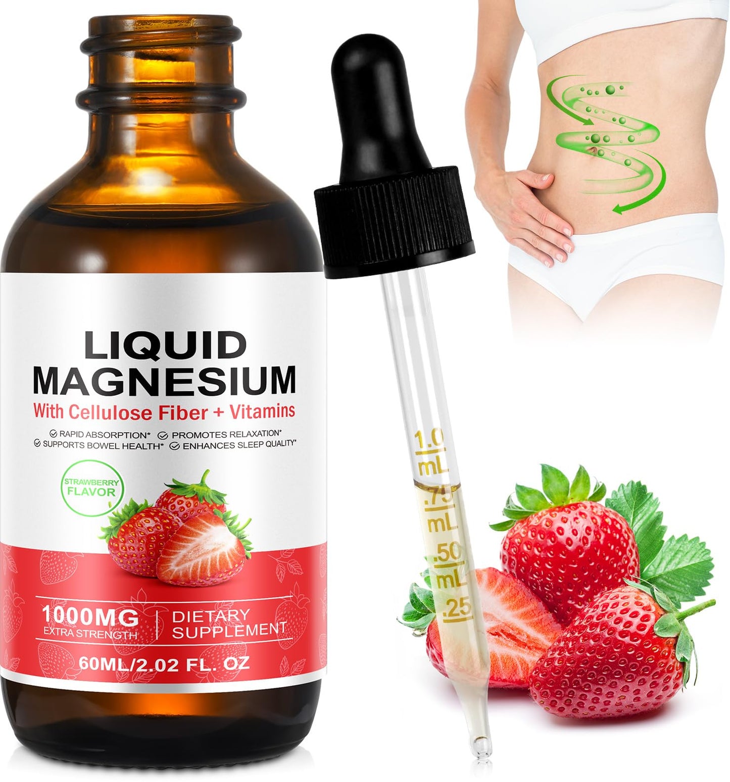 Magnesium Glycinate Liquid 1500mg - Stress Relief & Sleep Support (Strawberry, 60ml)