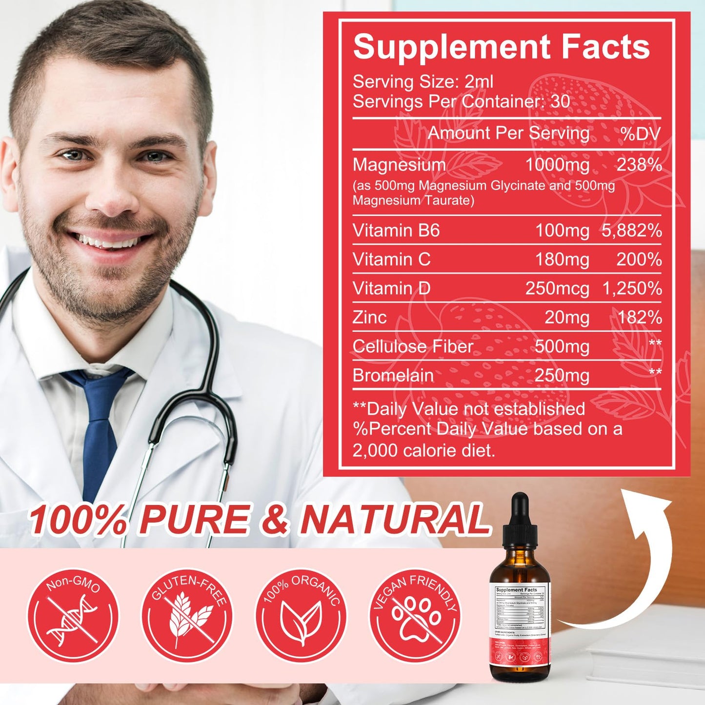 Magnesium Glycinate Liquid 1500mg - Stress Relief & Sleep Support (Strawberry, 60ml)