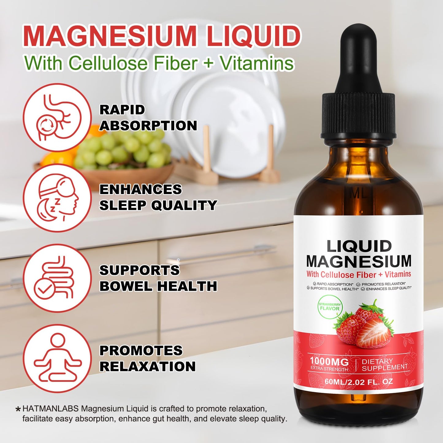 Magnesium Glycinate Liquid 1500mg - Stress Relief & Sleep Support (Strawberry, 60ml)