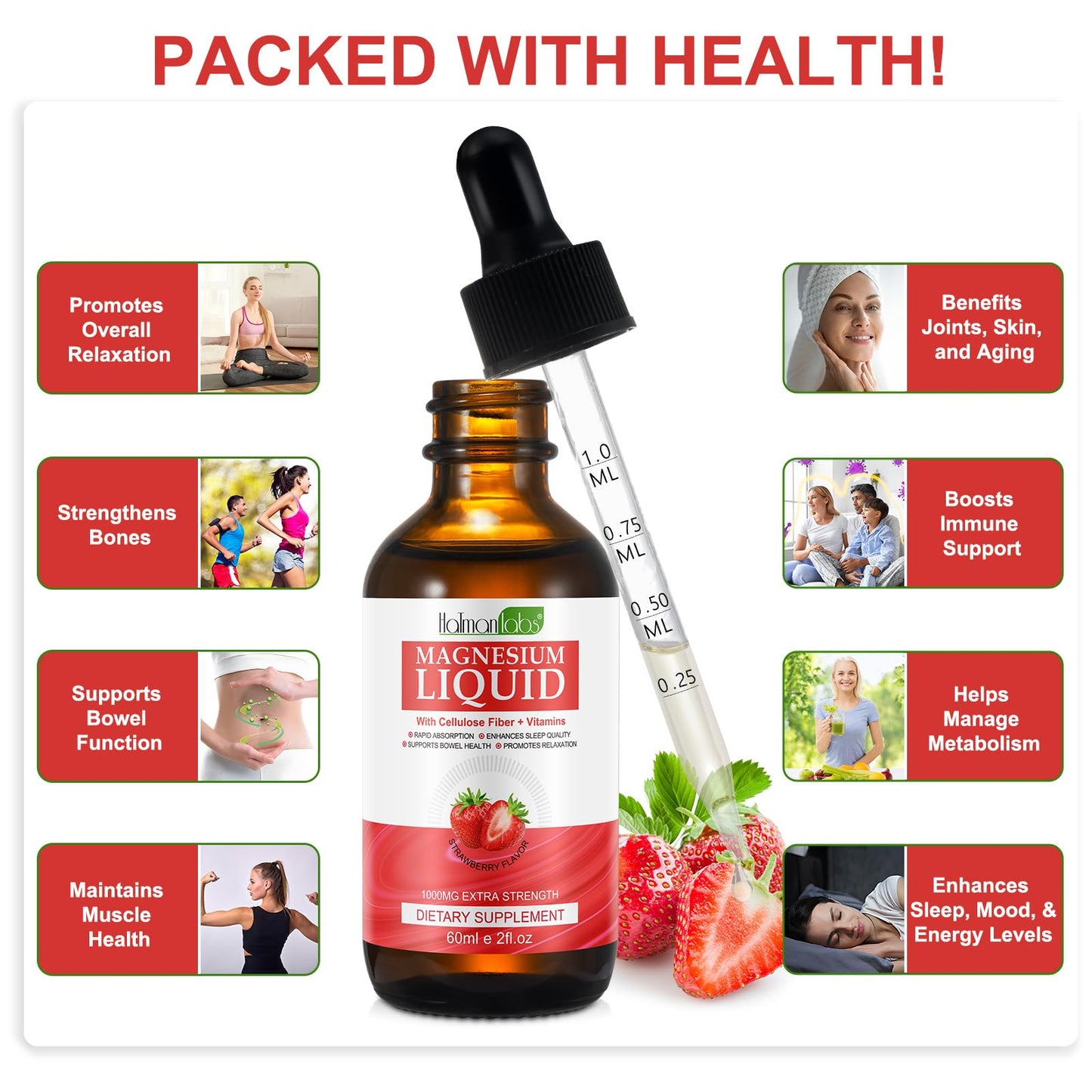 Magnesium Glycinate Liquid Drops - High Absorption, Strawberry, 2 oz