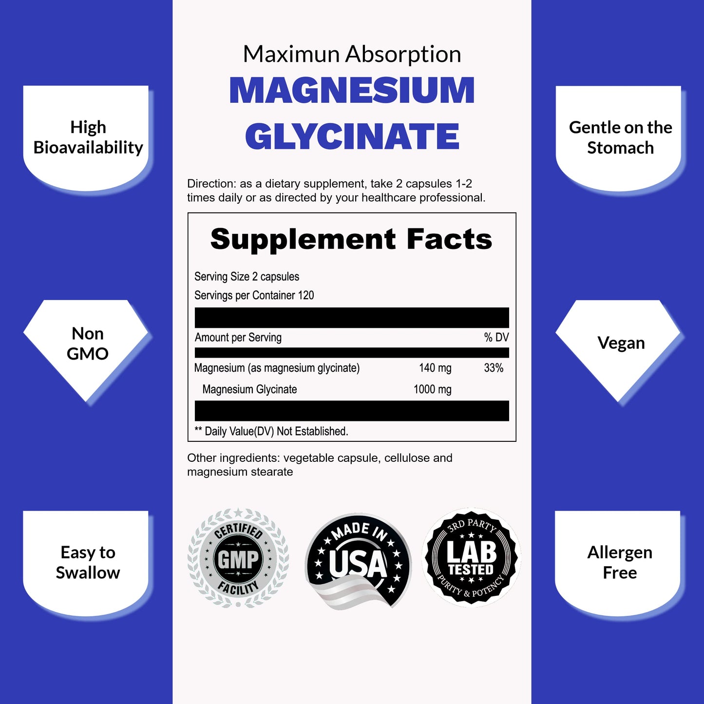 UpNourish Chelated Magnesium Glycinate 500mg – High-Absorption Magnesium for Calm, Leg Cramps & Muscle Relaxation | 960 Capsules (Two Bottles)