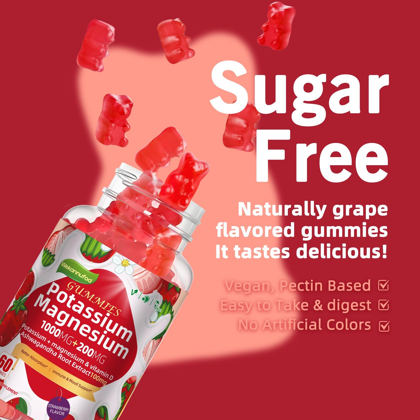Potassium Magnesium Gummies with Magnesium Glycinate, B6, D3 - 120 Strawberry Gummies