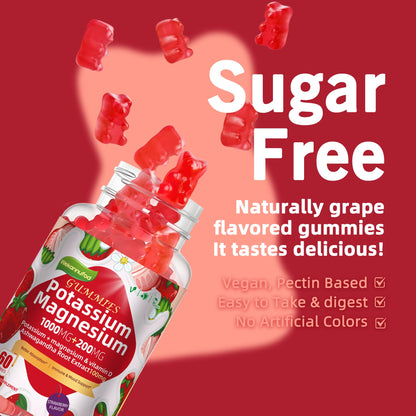 Potassium Magnesium Gummies with Magnesium Glycinate, B6, D3 - 120 Strawberry Gummies