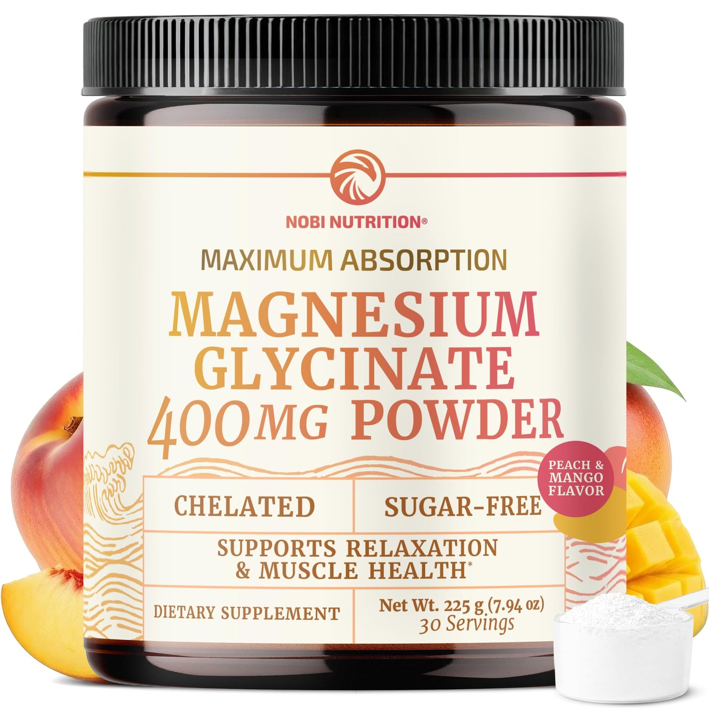 Magnesium Glycinate Powder 400MG – Sleep & Relaxation Support | Peach Mango Flavor Drink | 225g (30 Servings) | Vegan, Gluten-Free, Non-GMO