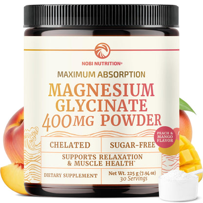 Magnesium Glycinate Powder 400MG – Sleep & Relaxation Support | Peach Mango Flavor Drink | 225g (30 Servings) | Vegan, Gluten-Free, Non-GMO
