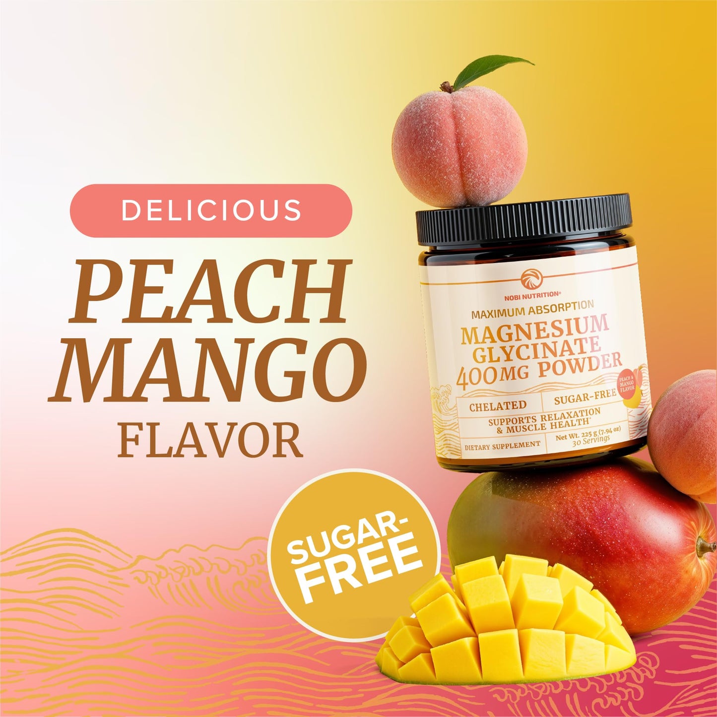 Magnesium Glycinate Powder 400MG – Sleep & Relaxation Support | Peach Mango Flavor Drink | 225g (30 Servings) | Vegan, Gluten-Free, Non-GMO